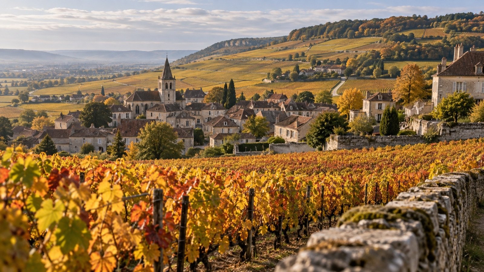 Burgundy vineyards and wine village
