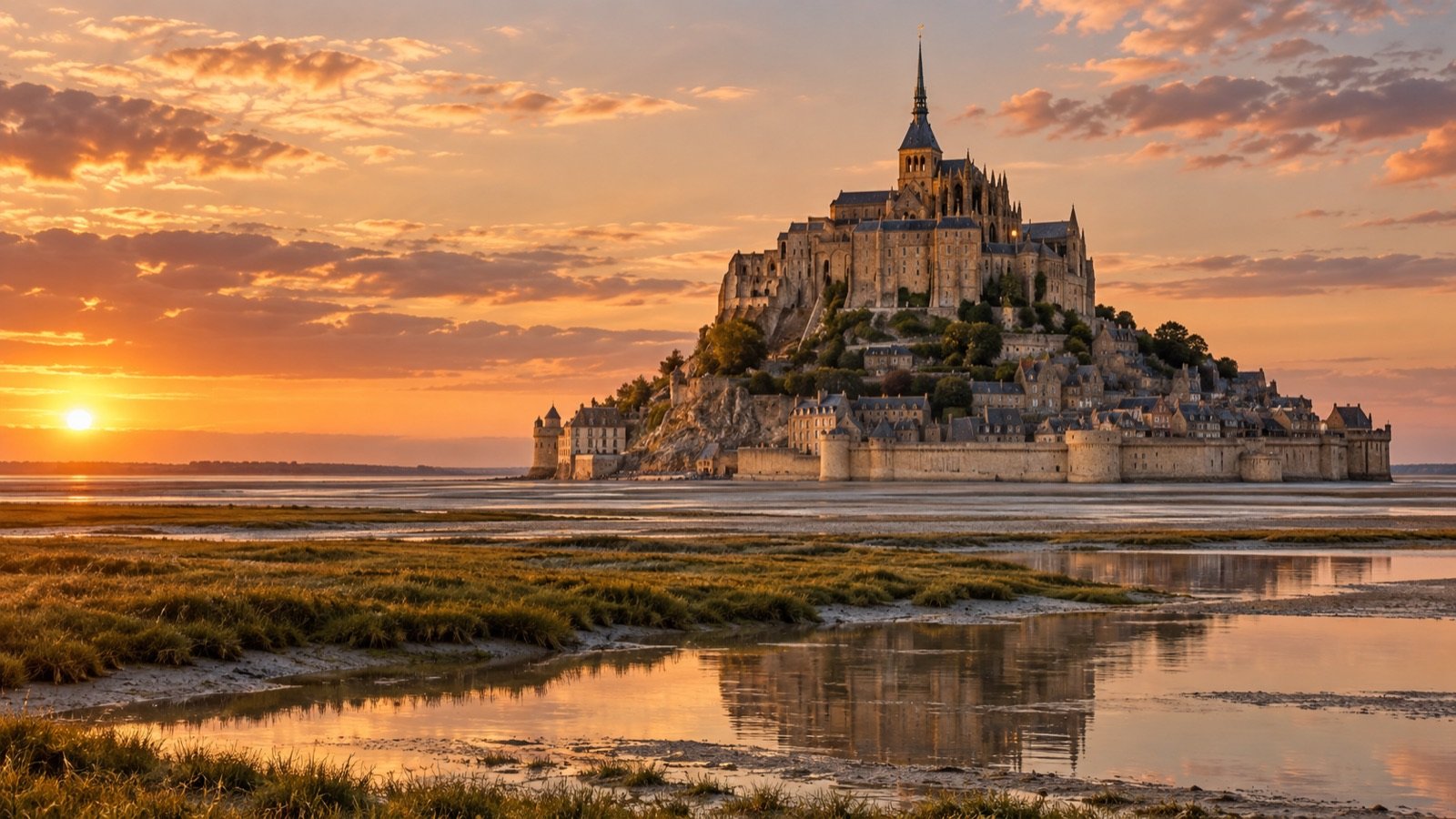 Mont-Saint-Michel at golden hour, travel inspiration for Calvados